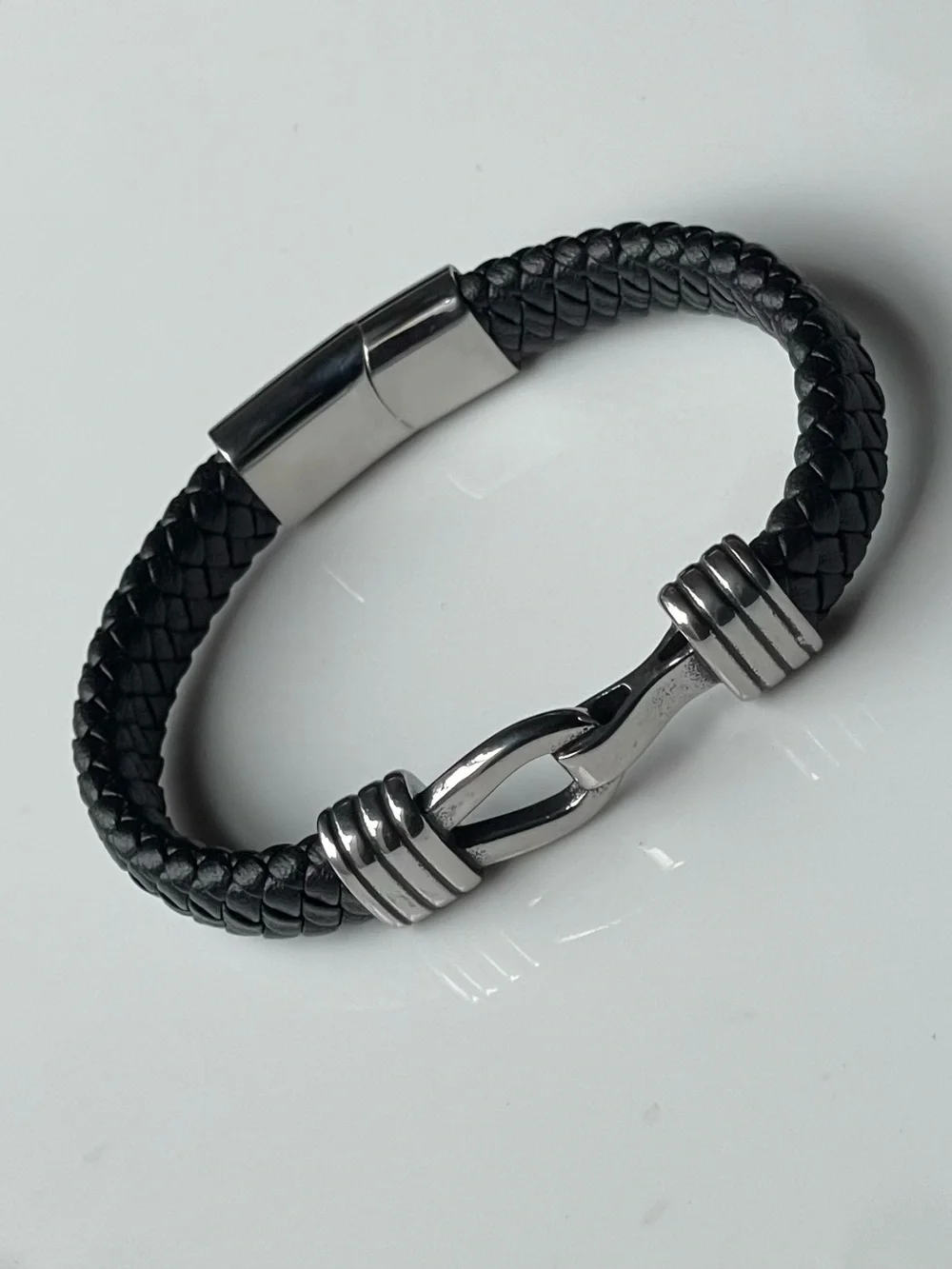 Black Braided Leather Bracelet with Silver Hook Clasp - Men